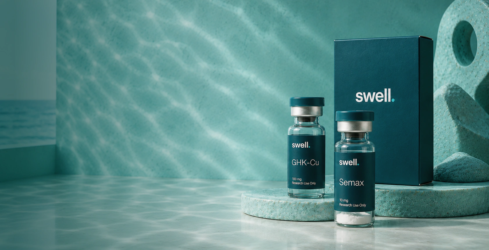 Swell research-use peptide vials and packaging in a laboratory-style product scene