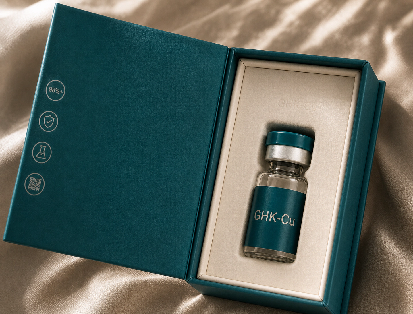 Open teal Swell research-use peptide presentation kit with a vial in cream packaging
