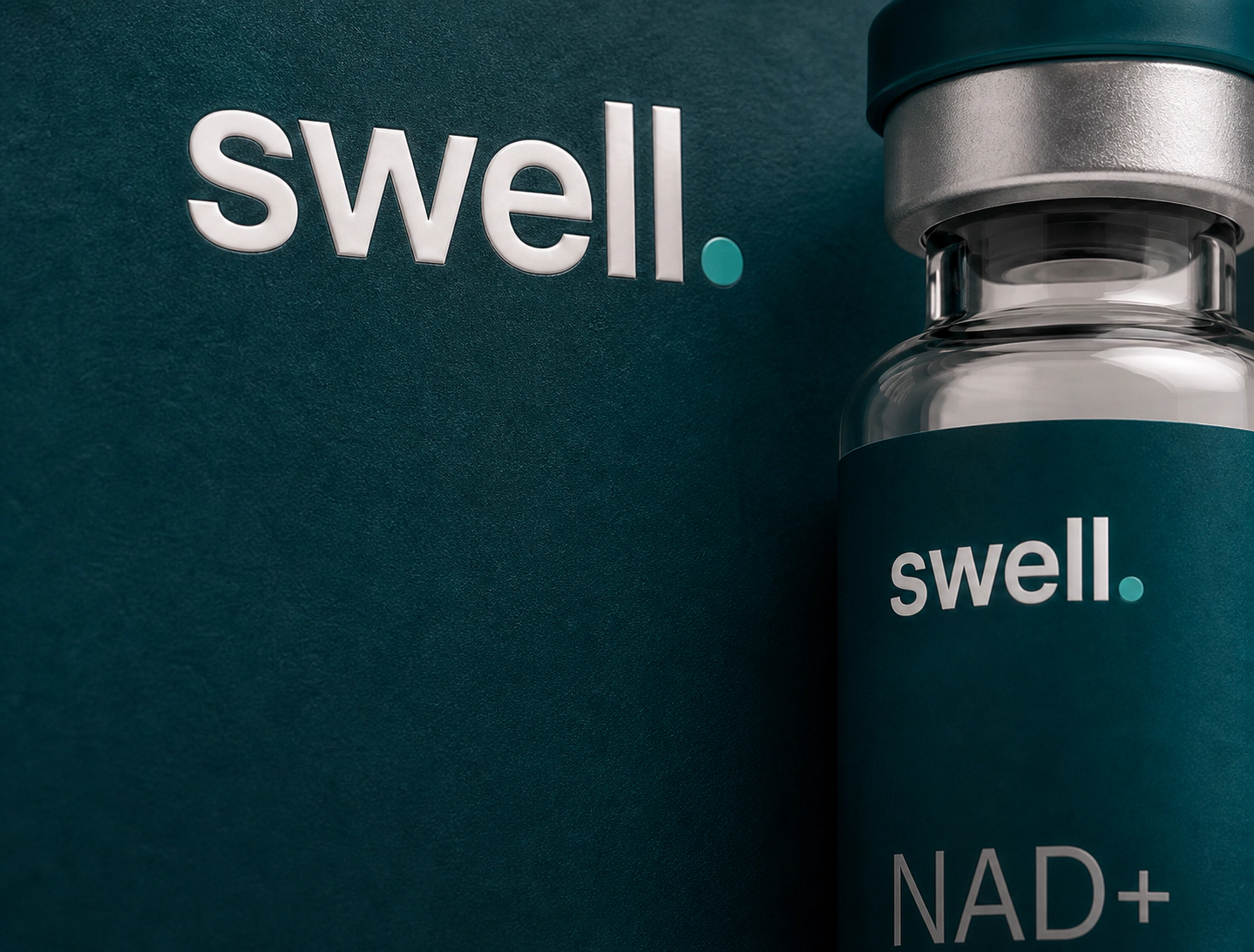 Close-up Swell research-use vial and teal product packaging
