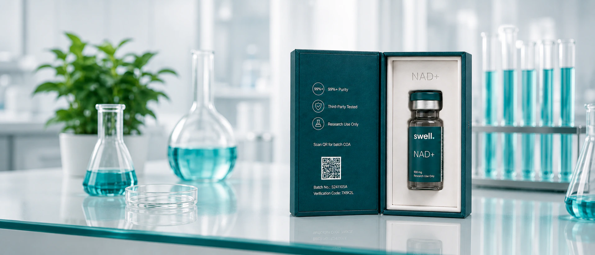 Swell NAD+ research-use vial displayed in laboratory packaging with documentation details