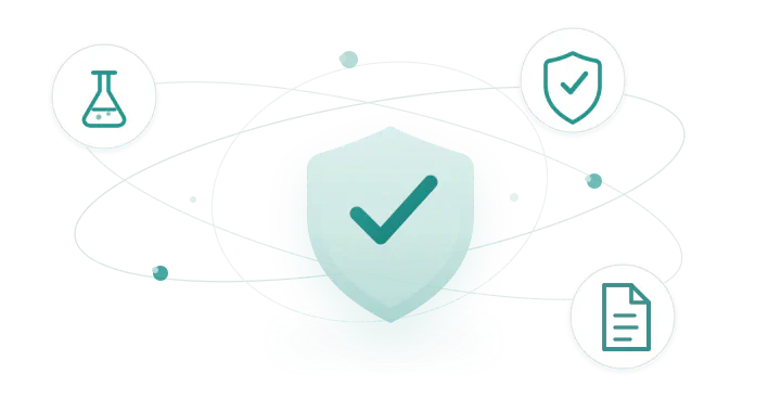 Shield with laboratory and document icons representing third-party testing